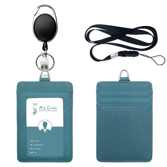 *♪ Brand new Lake Blue Leather card holder lanyard, ID, badge holder *♪ - Picture 7 of 8